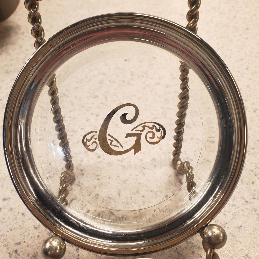 5 Vintage Dorothy Thorpe Monogram Initial G Clear Glass Coasters Silver Rim